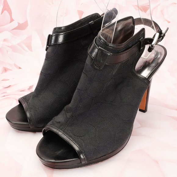 Coach Brandi Peep-Toe Bootie Heels Shoes Size 10B Black Canvas/Leather - Picture 1 of 12